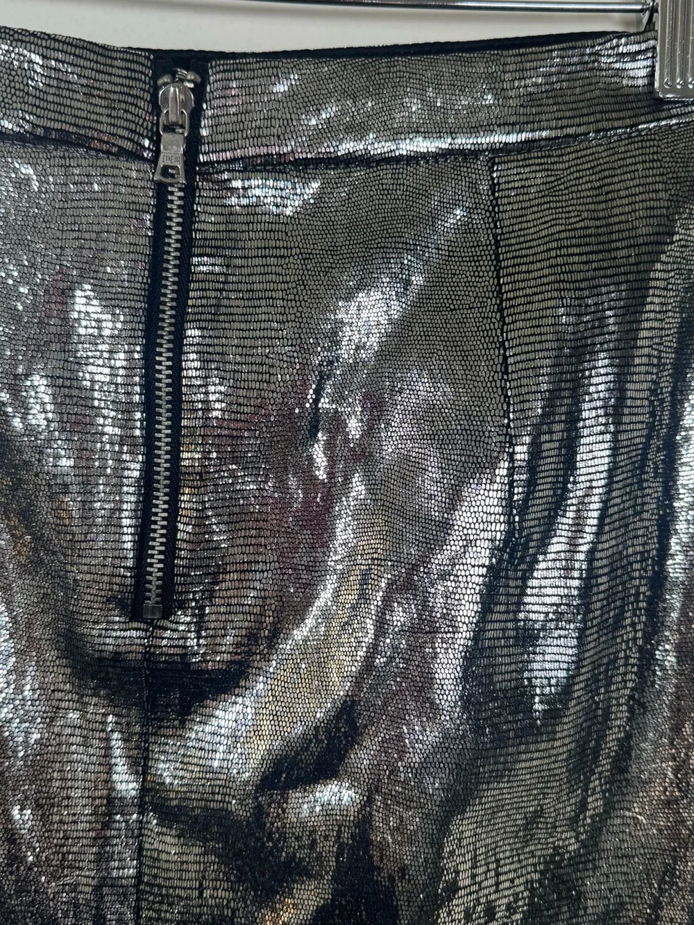 Alice + Olivia Metallic Silver Mini Skirt with Black Waistband